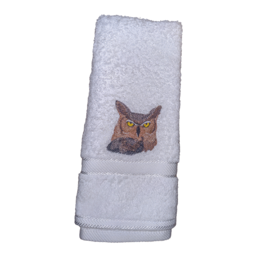 Majestic Owl Embroidered White Hand Towel - Image 3