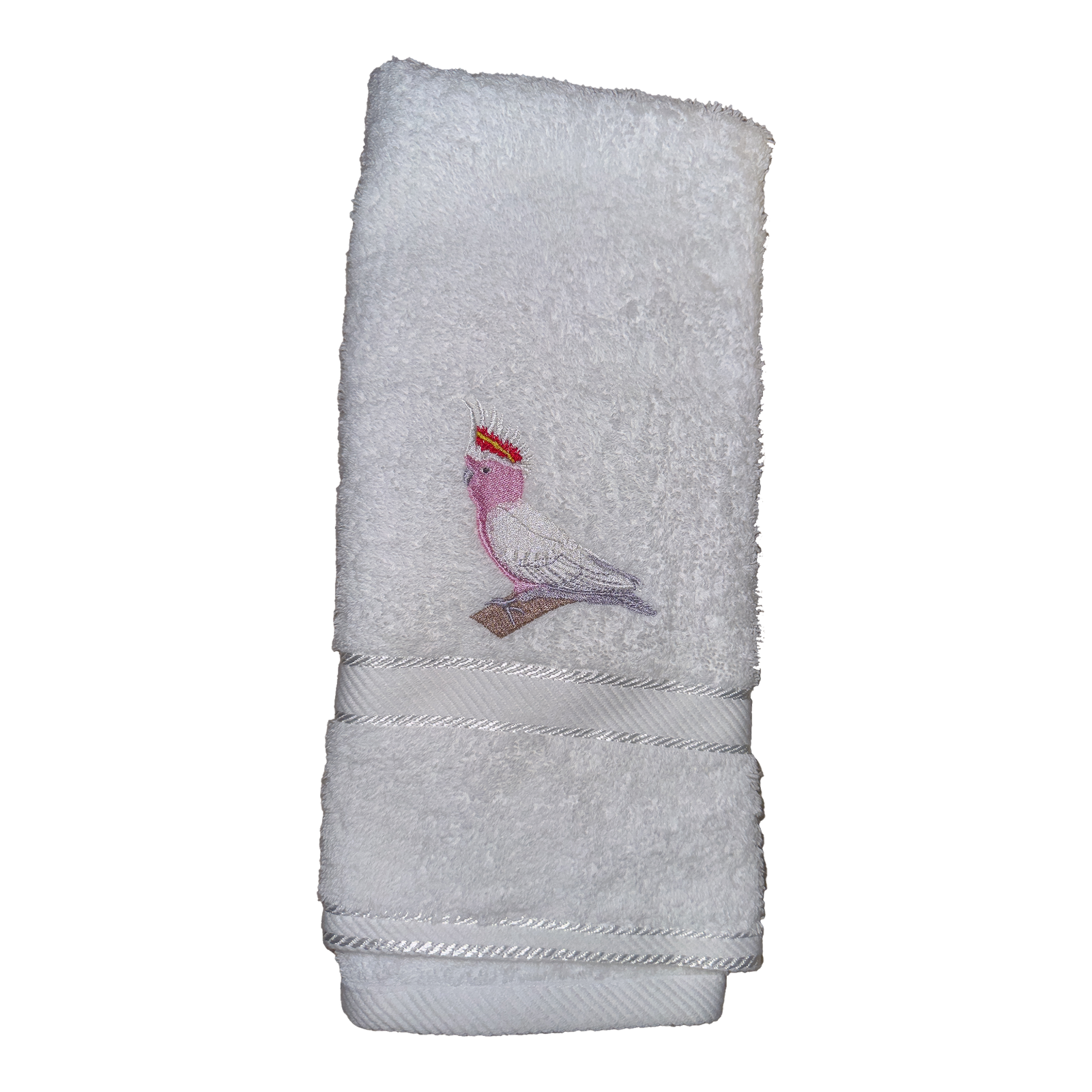 Pink Cockatoo Embroidered White Hand Towel - Image 3