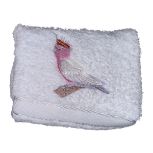 Pink-Cockatoo-Embroidered-White-Hand-Towel-2.png Pink Cockatoo Embroidered White Hand Towel