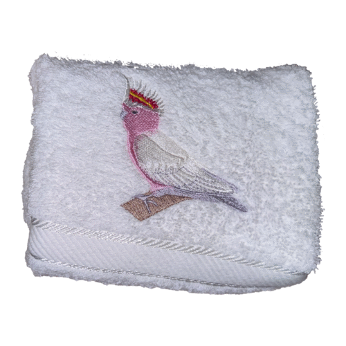 Pink Cockatoo Embroidered White Hand Towel