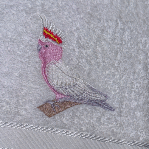 Pink Cockatoo Embroidered White Hand Towel - Image 2